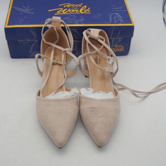 NEW Heel The World Women's 9 Nude Tan Beige Strappy Lace Up Chunky Heels - Picture 7 of 11